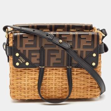 Fendi Black/Brown Zucca Embossed Leather and Wicker Mini Flip Shoulder Bag