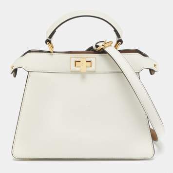 Pre Owned Fendi White/Brown Leather Small Peekaboo ISeeU Top Handle Bag