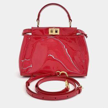 Pre Owned Fendi Red Patent Leather Peekaboo Mini Satchel Bag