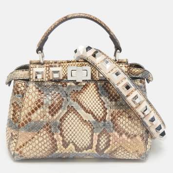Pre Owned Fendi Beige/Multicolor Python Mini Studded Peekaboo Top Handle Bag