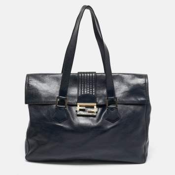 Pre Owned Fendi Navy Blue Glossy Leather FF Flap Tote