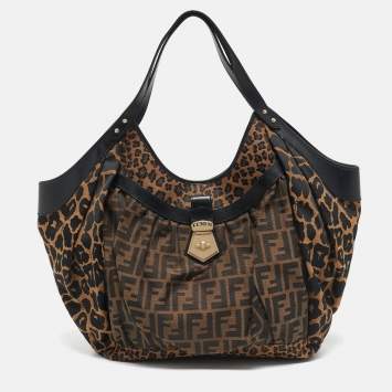Pre Owned Fendi Brown/Black Zucca and Leopard Print Canvas Large Chef Tote