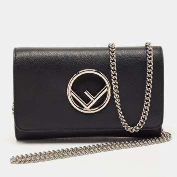 Pre Owned Fendi Black Leather Kan I F Wallet On Chain 
