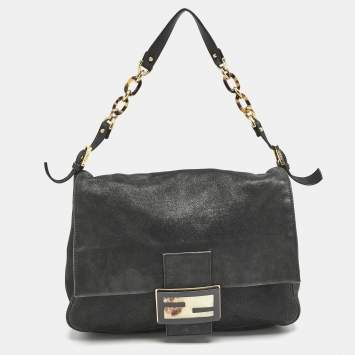 Pre Owned Fendi Black Shimmer Leather Large Mama Forever Flap Shoulder Bag