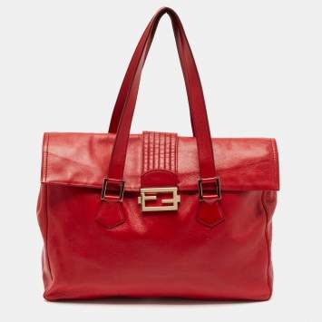 Pre Owned Fendi Red Leather Forever Flap Tote
