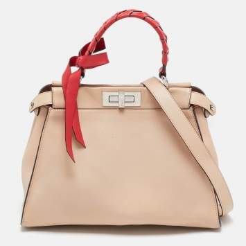 Pre Owned Fendi Beige/Red Leather Regular Peekaboo Bow Top Handle Bag