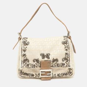 Pre Owned Fendi Beige/White FF Canvas and Lizard Embellished Mama Baguette Bag