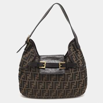 Pre Owned Fendi Brown Zucca Canvas and Leather Double Buckle Hobo 