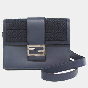 Pre Owned Fendi Navy Leather Canvas Flat Baguette Medium Shoulder Bag