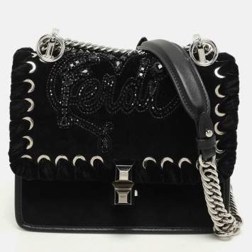 Pre Owned Fendi Black Velvet and Leather Small Kan I Logo Embellished Top Handle Bag