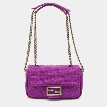 Pre Owned Fendi Fuchsia Zucca Embossed Fabric Midi Baguette Flap Bag