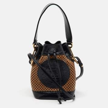 Pre Owned Fendi Black/Tan Perforated Leather Mini Mon Tresor Bucket Bag