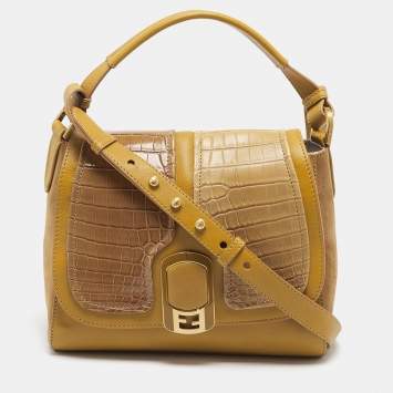 Pre Owned Fendi Tricolor Leather and Crocodile Medium Anna Top Handle Bag
