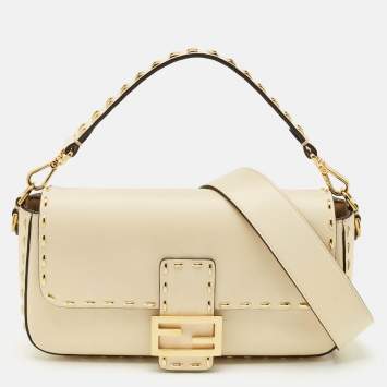 Pre Owned Fendi Cream Leather Medium Studded Baguette Bag