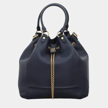 Pre Owned Fendi Dark Blue Leather Karligraphy Chain Medium Bucket Bag