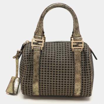 Pre Owned Fendi Black/Gold Zucchino Jacquard and Leather Boston Bag