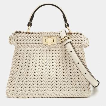 Pre Owned Fendi Light Beige Braided Leather Petite Peekaboo ISeeU Top Handle Bag