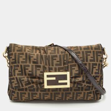 Pre Owned Fendi Tobacco Zucca Canvas and Patent Leather Mia Flap Shoulder Bag