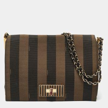 مملوكة مسبقًا Fendi Tobacco Pequin Stripe Canvas Large Claudia Shoulder Bag