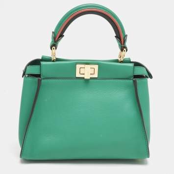 Pre Owned Fendi Green Leather Mini Peekaboo Top Handle Bag