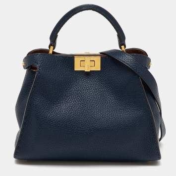Pre Owned Fendi Navy Blue Leather Peekaboo Iconic Essentially Top Handle Bag