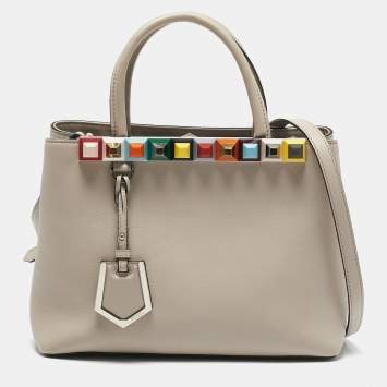 Pre Owned Fendi Light Beige Leather Stud Applique Petite 2Jours Elite Tote