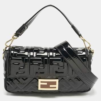 Fendi Black FF Embossed Patent Leather Medium Baguette Bag