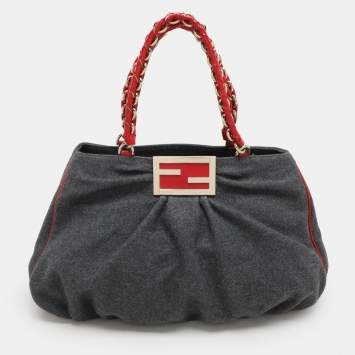 Pre Owned Fendi Grey/Red Wool and Patent Leather Large Mia Tote