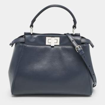 Fendi Navy Blue Leather Mini Peekaboo Top Handle Bag
