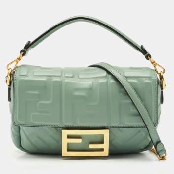 Fendi Green FF Logo Embossed Leather Mini Baguette Bag