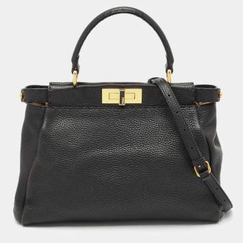 Fendi Black Selleria Leather Regular Peekaboo Top Handle Bag