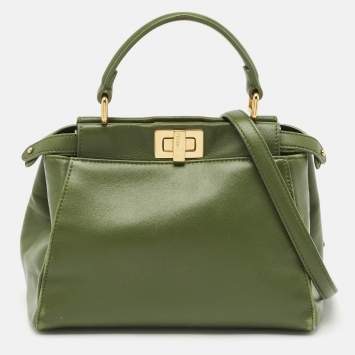 Fendi Olive Green Leather Mini Peekaboo Top Handle Bag