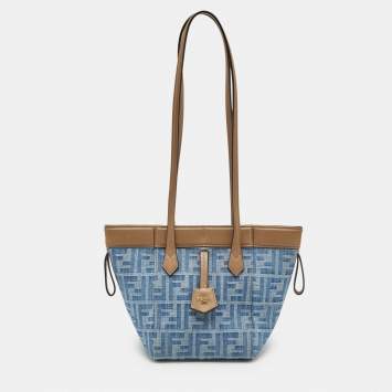 Pre Owned Fendi Blue/Brown Denim FF and Leather Mini Origami Tote