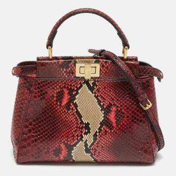 Pre Owned Fendi Red/Beige Python Mini Peekaboo Top Handle Bag