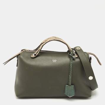 Pre Owned Fendi Dark Green/Beige Leather and Snakeskin Trim Medium By The Way Bag
