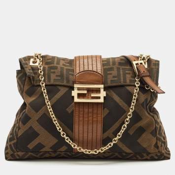 Pre Owned Fendi Tobacco Zucca Canvas and Leather Maxi Baguette Flap Shoulder Bag