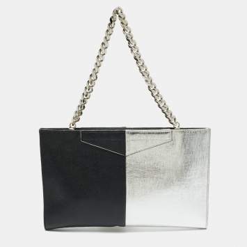 Fendi Silver/Black Leather Grande Chain Pochette