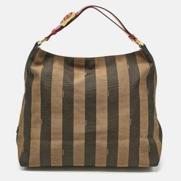 Fendi Tobacco/Red Pequin Stripe Canvas and Leather Hobo