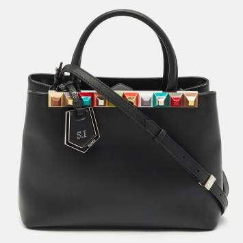 Pre Owned Fendi Black Leather Stud Applique Petite 2Jours Elite Tote