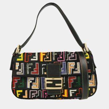 Fendi Zucca Baguette Black Satin Embroidered Handbag