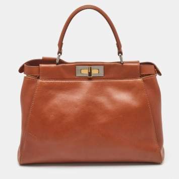 Pre Owned Fendi Brown Leather Medium Peekaboo Top Handle Bag