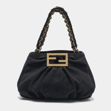 Pre Owned Fendi Black Textured Fabric and Patent Leather Small Mia Tote