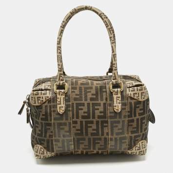 Pre Owned Fendi Brown/Beige Zucca Nylon and Coated Canvas Mixed Media Boston Bag