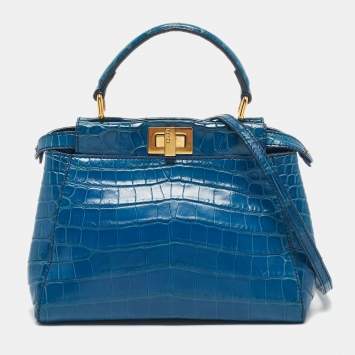Pre Owned Fendi Blue Crocodile Mini Peekaboo Top Handle Bag