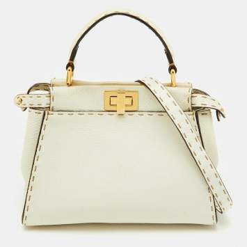 Pre Owned Fendi Off White Selleria Leather Mini Peekaboo Top Handle Bag
