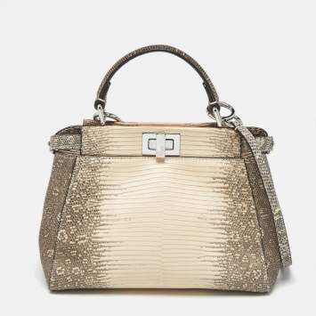 Pre Owned Fendi Beige/Blush Pink Lizard Mini Peekaboo Top Handle Bag