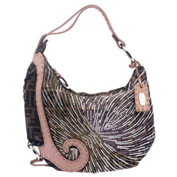 Pre Owned Fendi Tobacco/Beige Zucca Canvas and Leather Crystal Embellished Oyster Hobo