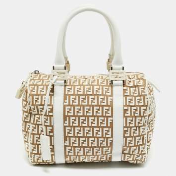 Pre Owned Fendi White/Beige Zucchino Rubber and Fabric Small Forever Boston Bag