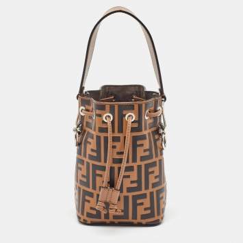 Pre Owned Fendi Brown/Black Zucca Leather Mini Mon Tresor Drawstring Bucket Bag