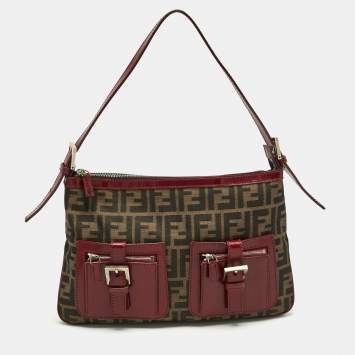 Fendi Red/Tobacco Zucca Nylon and Leather Double Pocket Shoulder Bag
